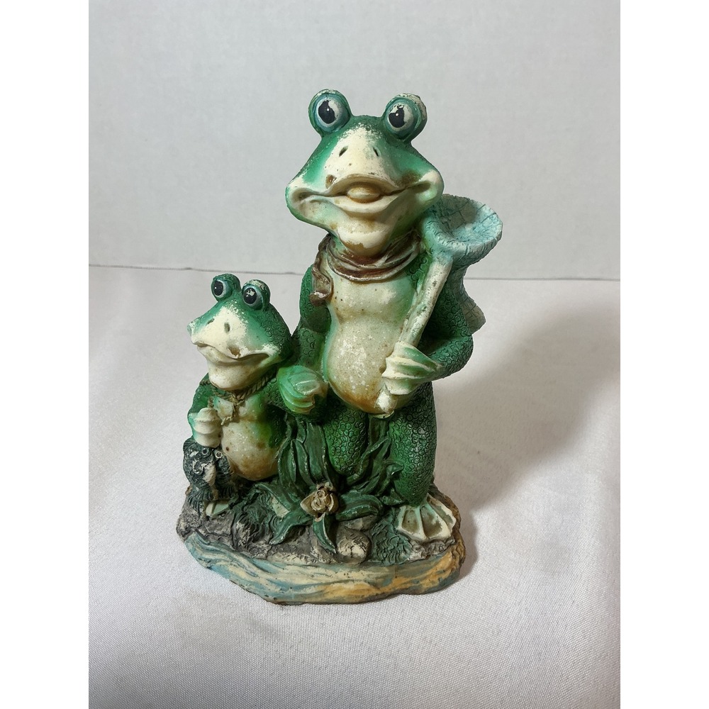 Vintage Style Resin Fishing Frogs Figurine Green Garden Decor Statue 7 Inch